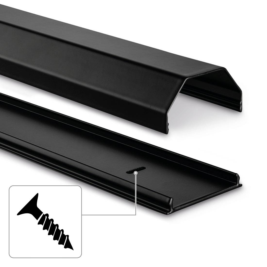 Zwei schwarze Metallprofile, eines U-förmig, das andere flach. Ein Symbol unten links zeigt eine Schraube, die zur Befestigung verwendet wird.