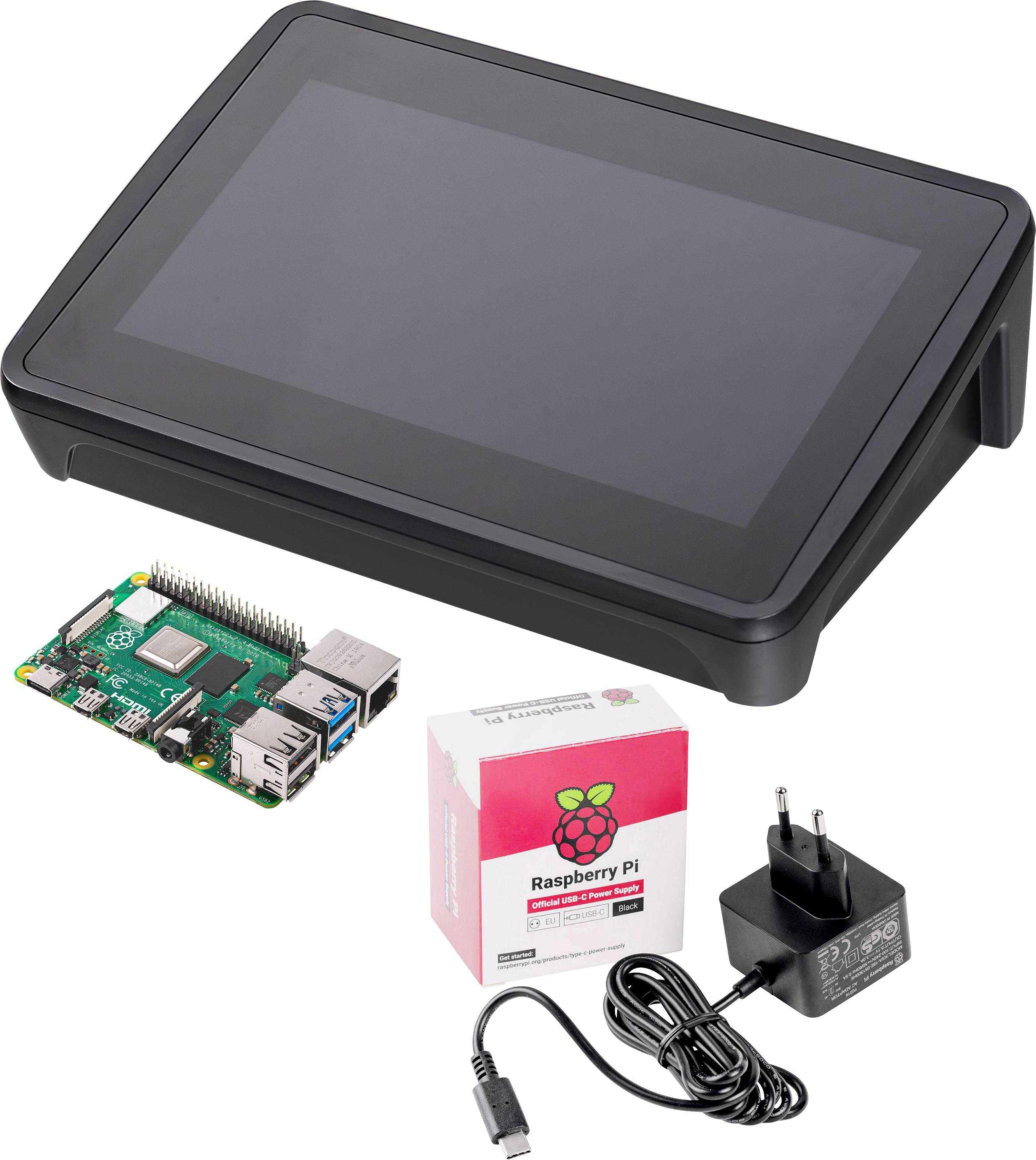 Ein Raspberry Pi mit Netzteil und Verpackung. Daneben ein schwarzes Touchscreen-Display mit Ständer. Technikzubehör-Set.
