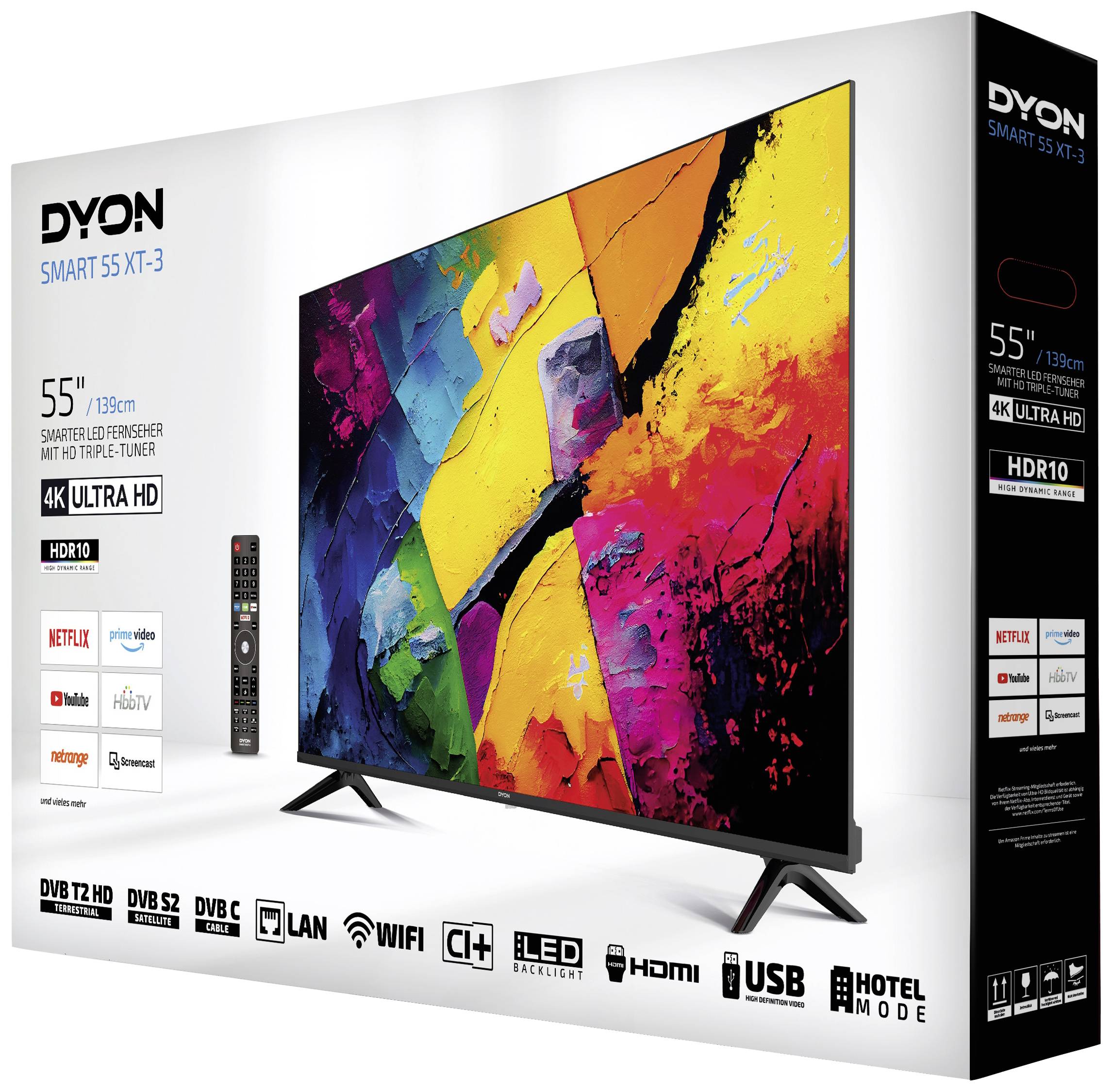 Dyon Smart 55 XT-3 LED-TV 139.7cm 55 Zoll EEK F (A - G) CI+, DVB-C, DVB-S2, DVB-T2, WLAN, UHD, Smart TV Schwarz
