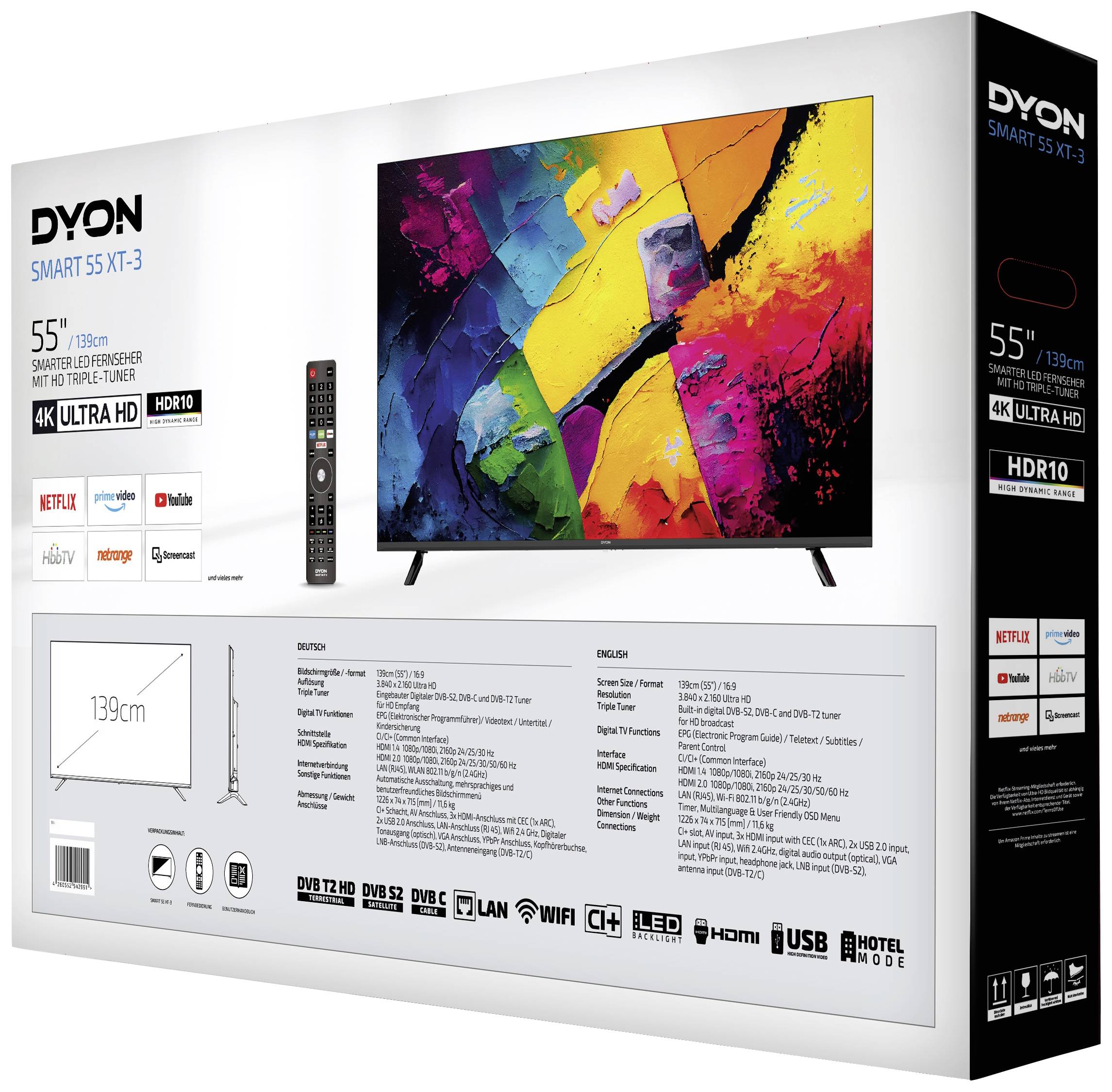 Dyon Smart 55 XT-3 LED-TV 139.7cm 55 Zoll EEK F (A - G) CI+, DVB-C, DVB-S2, DVB-T2, WLAN, UHD, Smart TV Schwarz