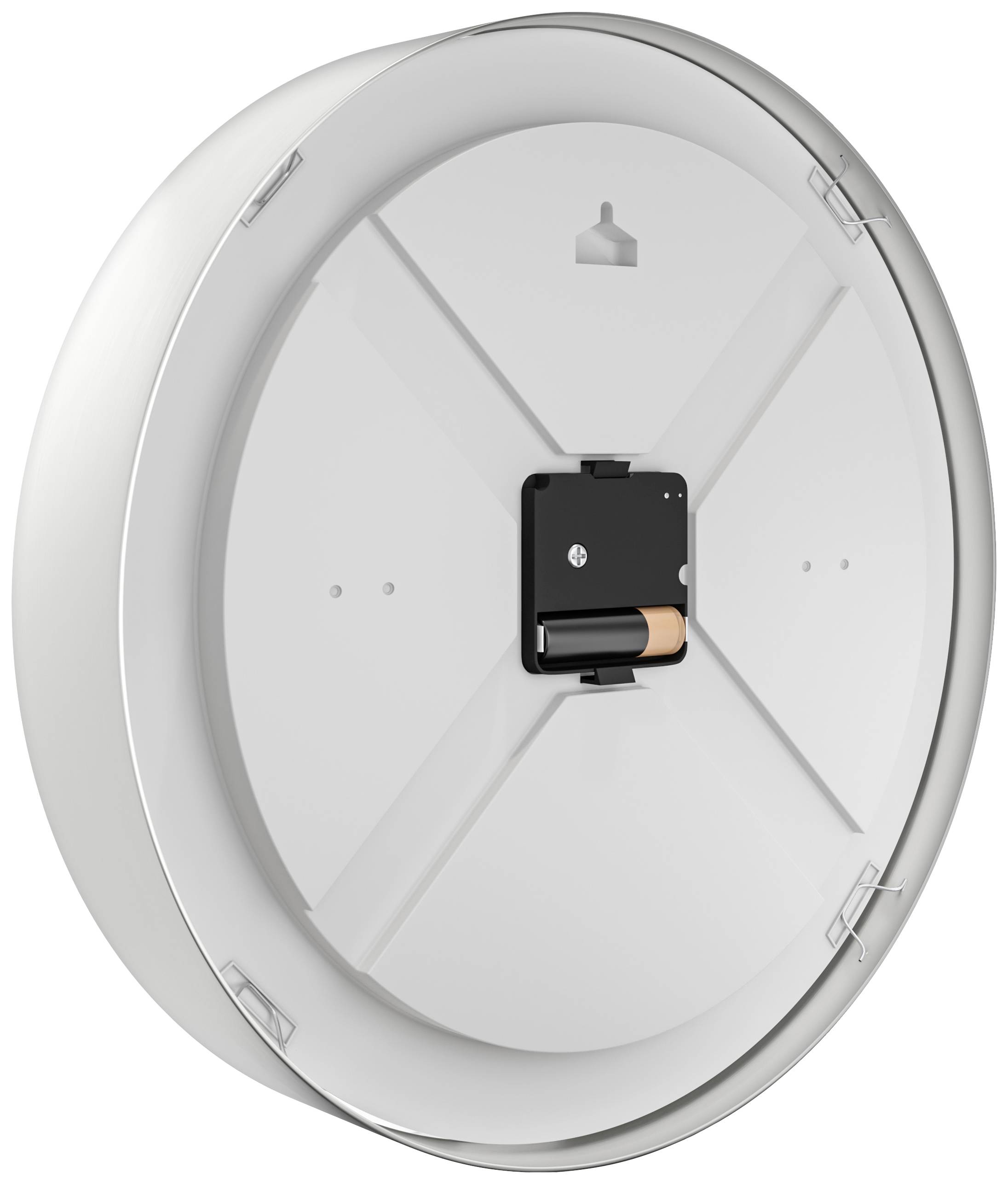 Rückseite einer runden Wanduhr mit Batteriehalterung und Aufhängemöglichkeit.
