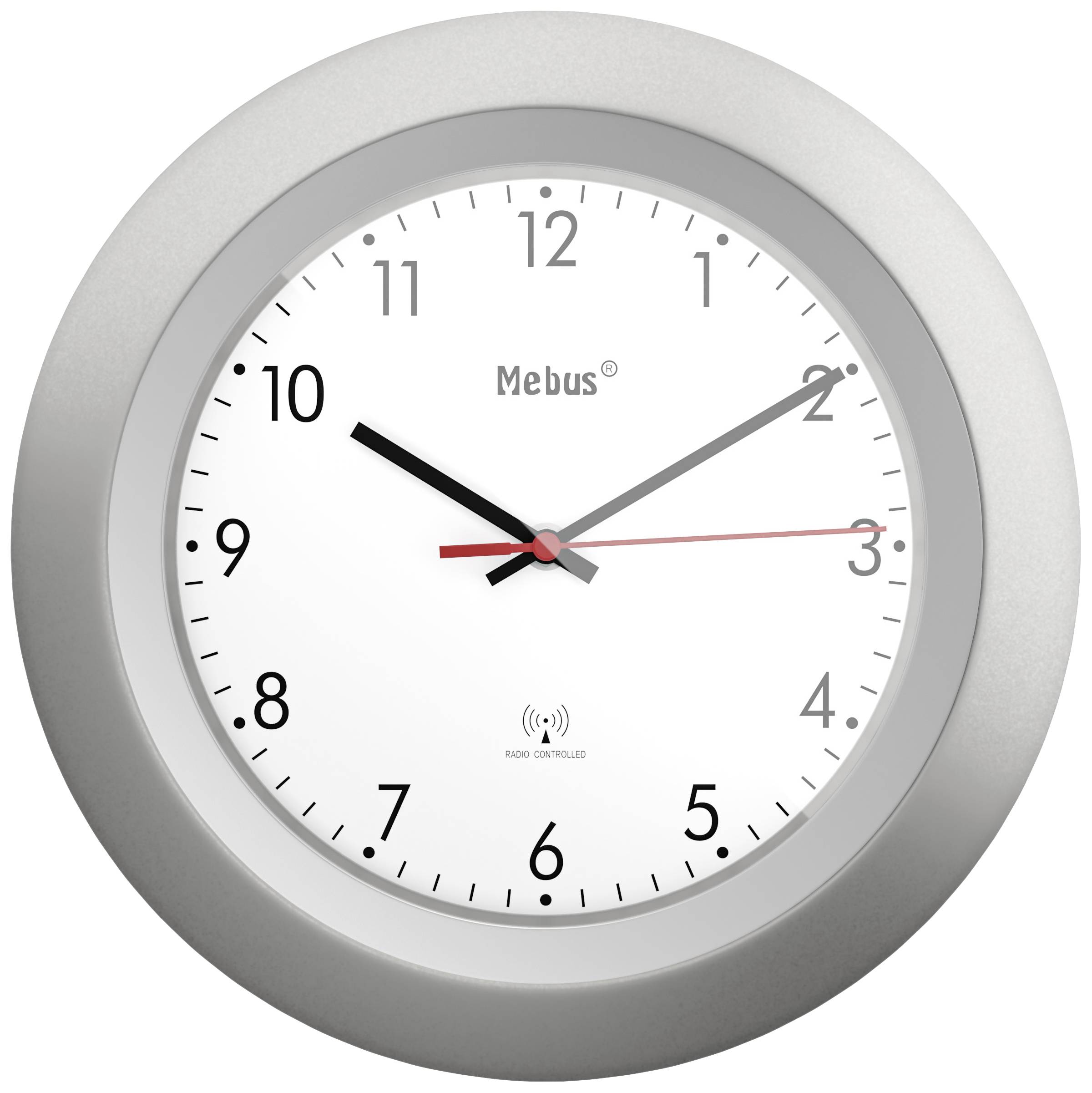 Eine analoge Wanduhr mit weißem Zifferblatt, schwarzen Stunden- und Minutenzeigern sowie einem roten Sekundenzeiger zeigt 15:10 Uhr an.