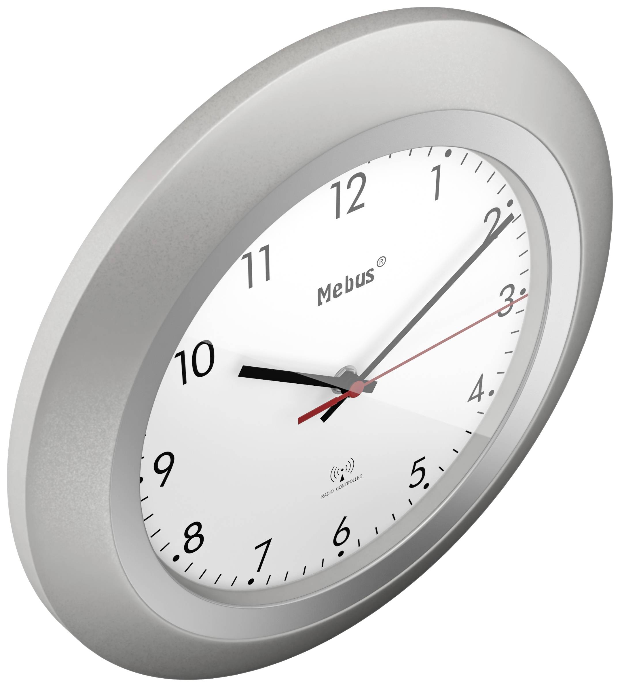 Runde Wanduhr mit silbernem Rahmen, weißen Zifferblatt, schwarzen Ziffern und Zeigern sowie einem roten Sekundenzeiger.