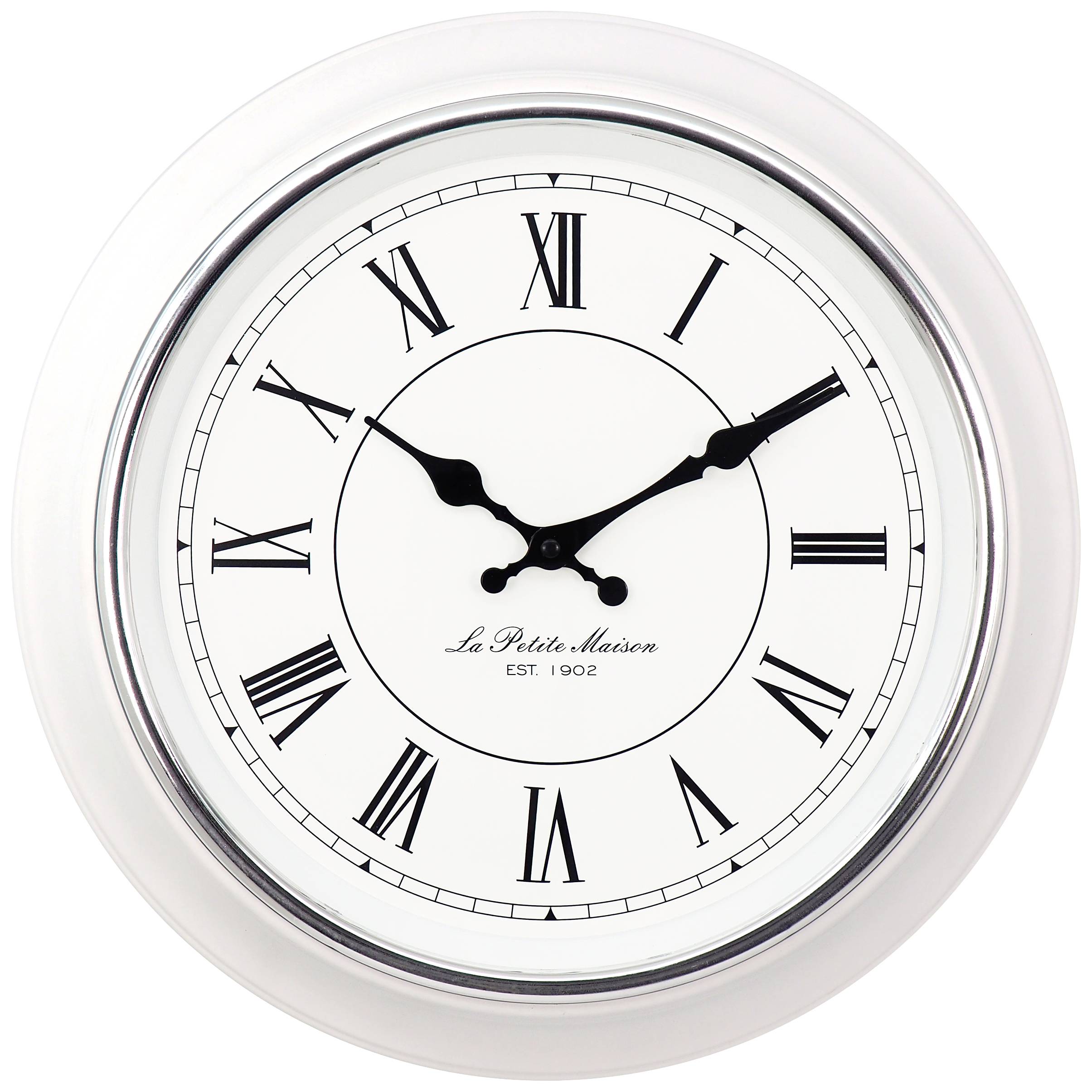 Analoge Wanduhr mit römischen Ziffern, zeigt 10:10 Uhr.