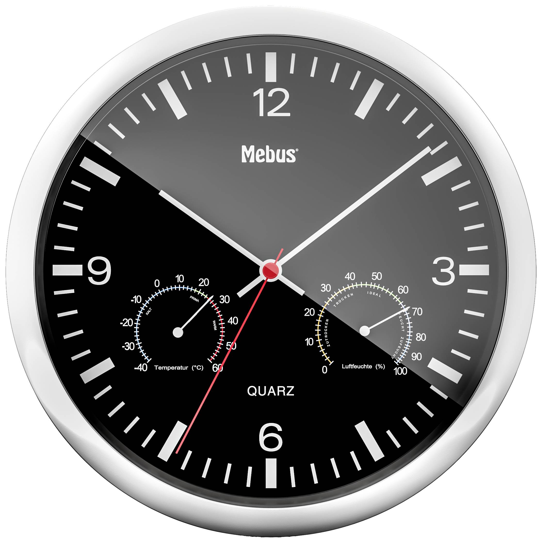 Analoge Wanduhr mit schwarzem Zifferblatt, weißem Stunden- und Minutenzeiger, rotem Sekundenzeiger. Links Temperaturanzeige, rechts Luftfeuchtigkeitsanzeige.