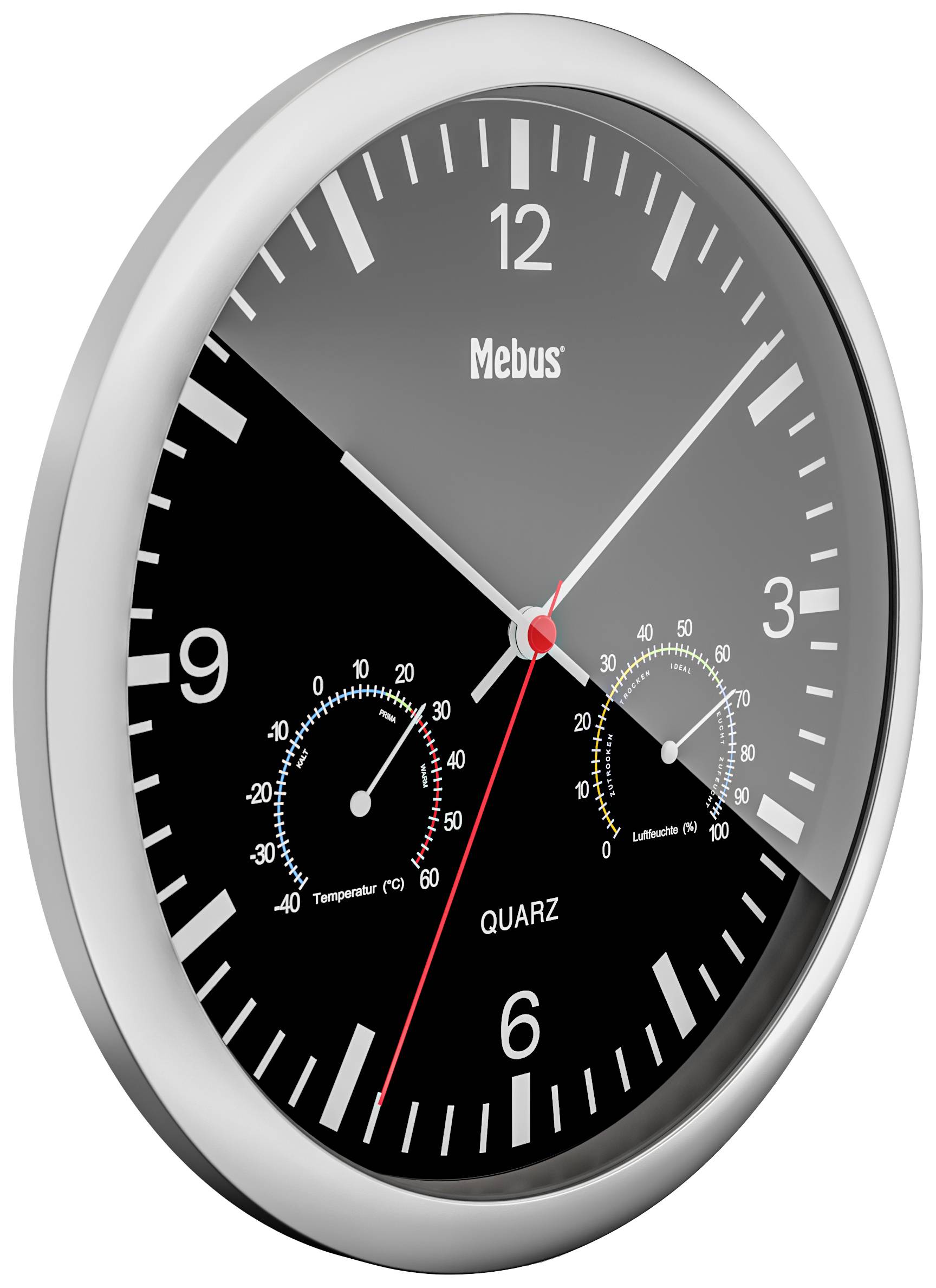 Schwarze Wanduhr mit weißem Ziffernblatt und silbernem Rand, zeigt 10:09 Uhr. Integrierte Temperatur- und Luftfeuchtigkeitsanzeige.