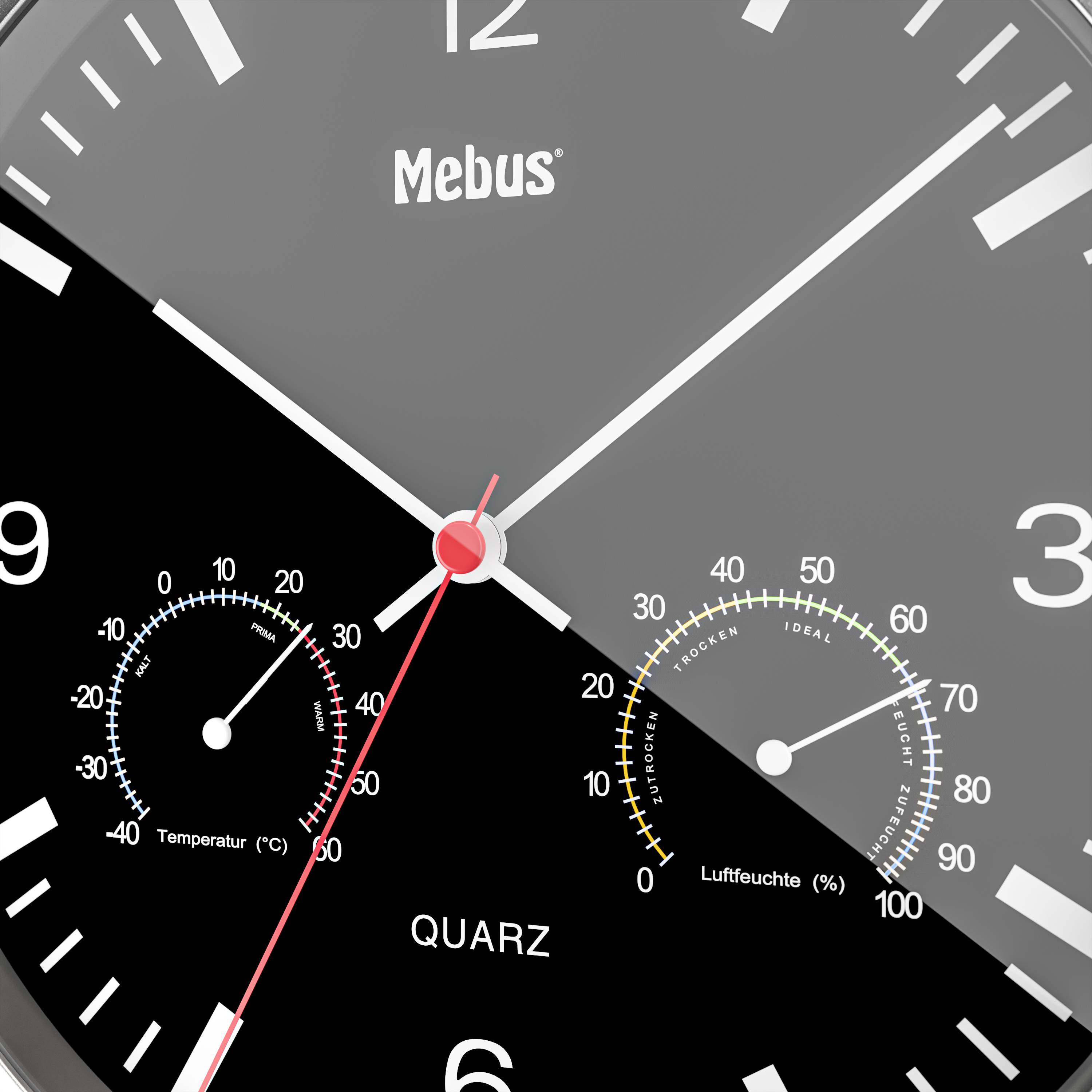Schwarze Wanduhr mit roten und weißen Zeigern, zeigt 12:08 Uhr. Integrierte Thermometer- und Hygrometeranzeige unten.