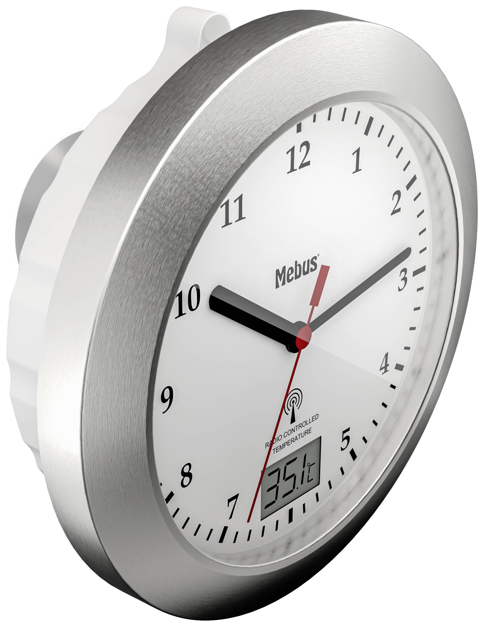 Eine runde Wanduhr aus Metall zeigt die Uhrzeit 10:10. Unten auf dem Zifferblatt ist ein digitales Display, das '23,5°C' anzeigt.