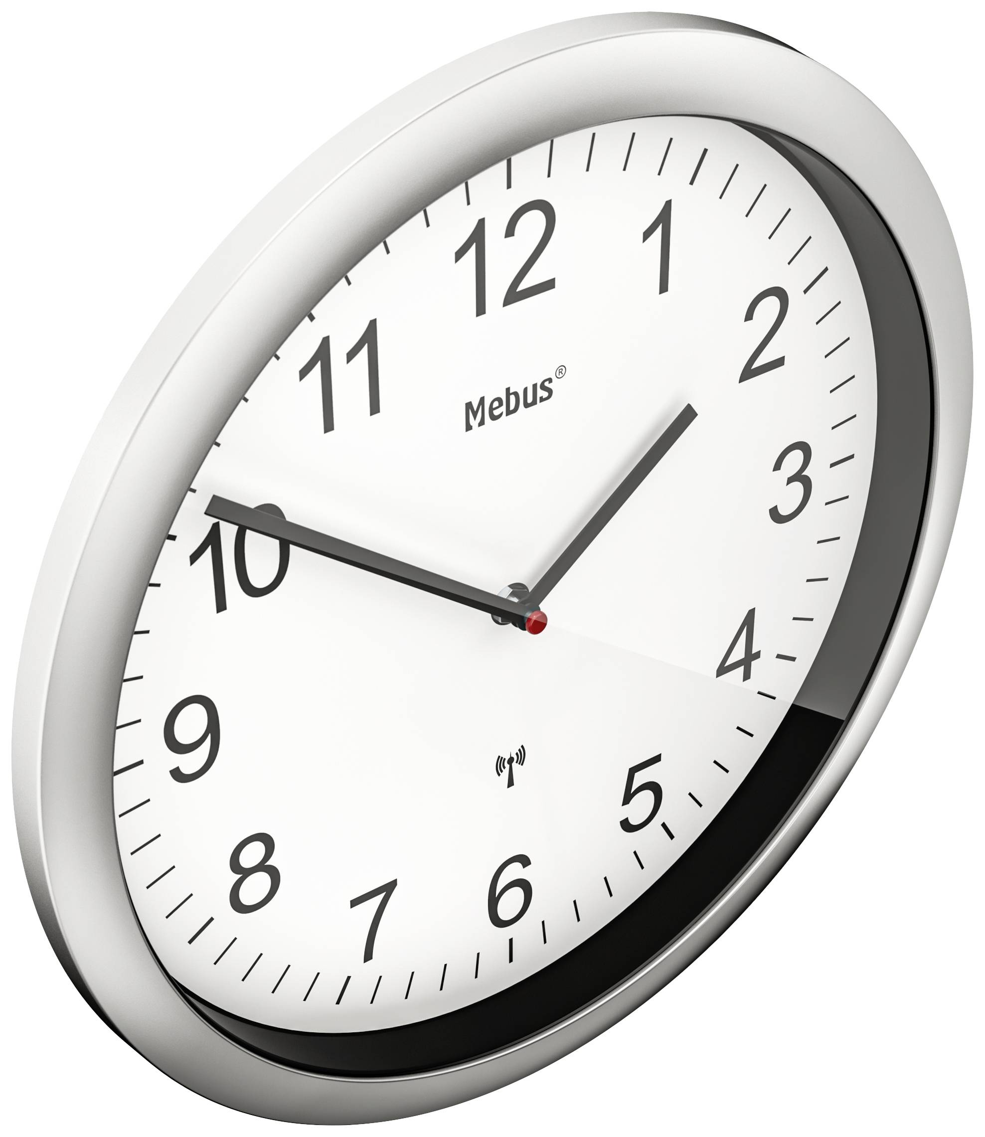 Eine analoge Wanduhr zeigt 10:09 Uhr an. Das Zifferblatt ist weiß mit schwarzen Zahlen und zwei Zeigern.