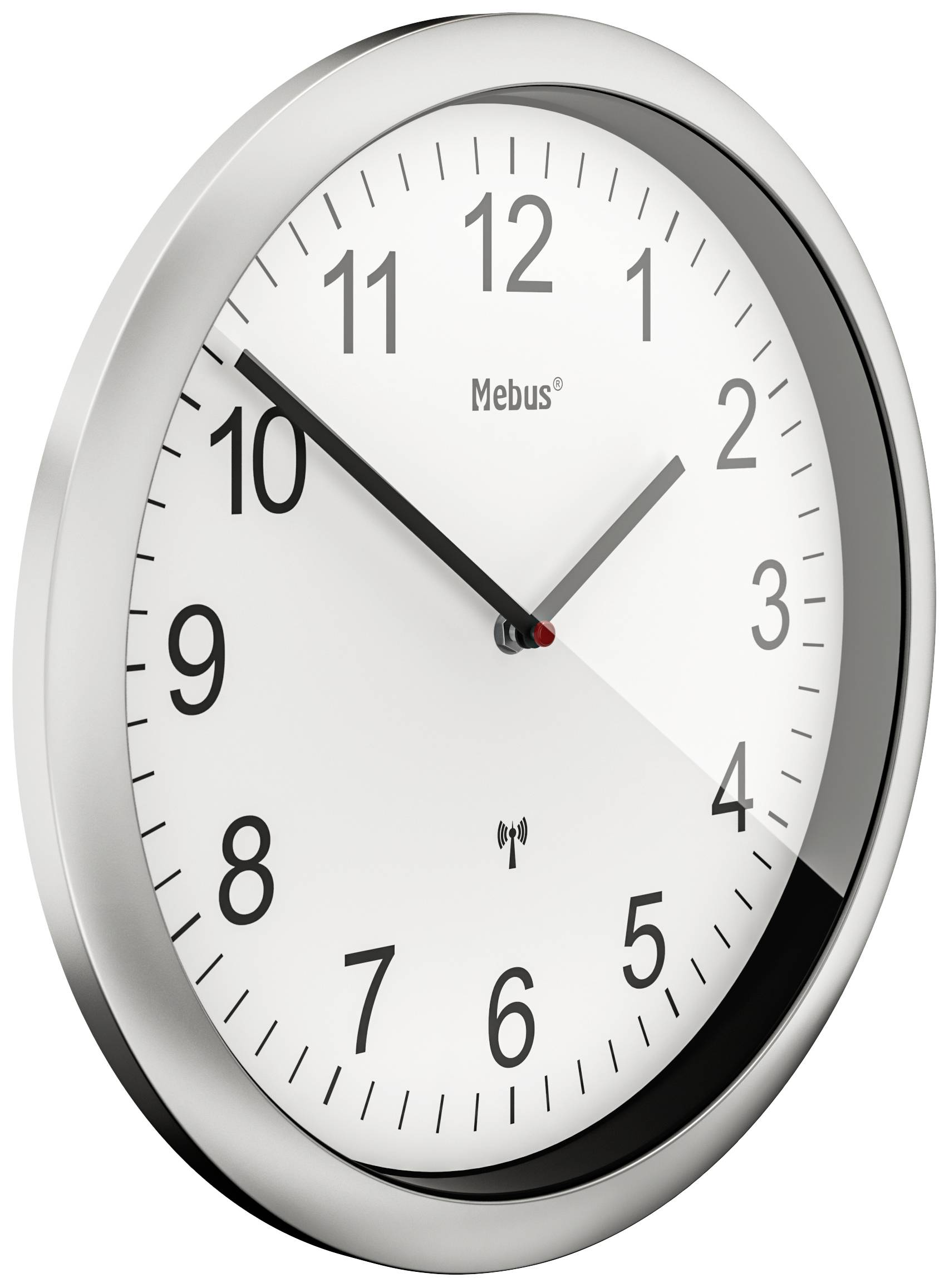 Analoge Wanduhr mit silbernem Rand zeigt 10:10 Uhr.