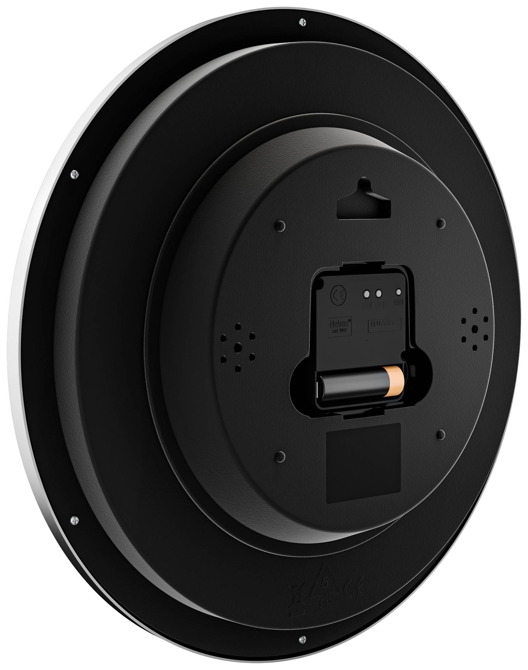 Blick auf die Rückseite einer runden Wanduhr mit Batteriefach in der Mitte. Batteriefachdeckel ist abgenommen, zeigt eingelegte Batterie.