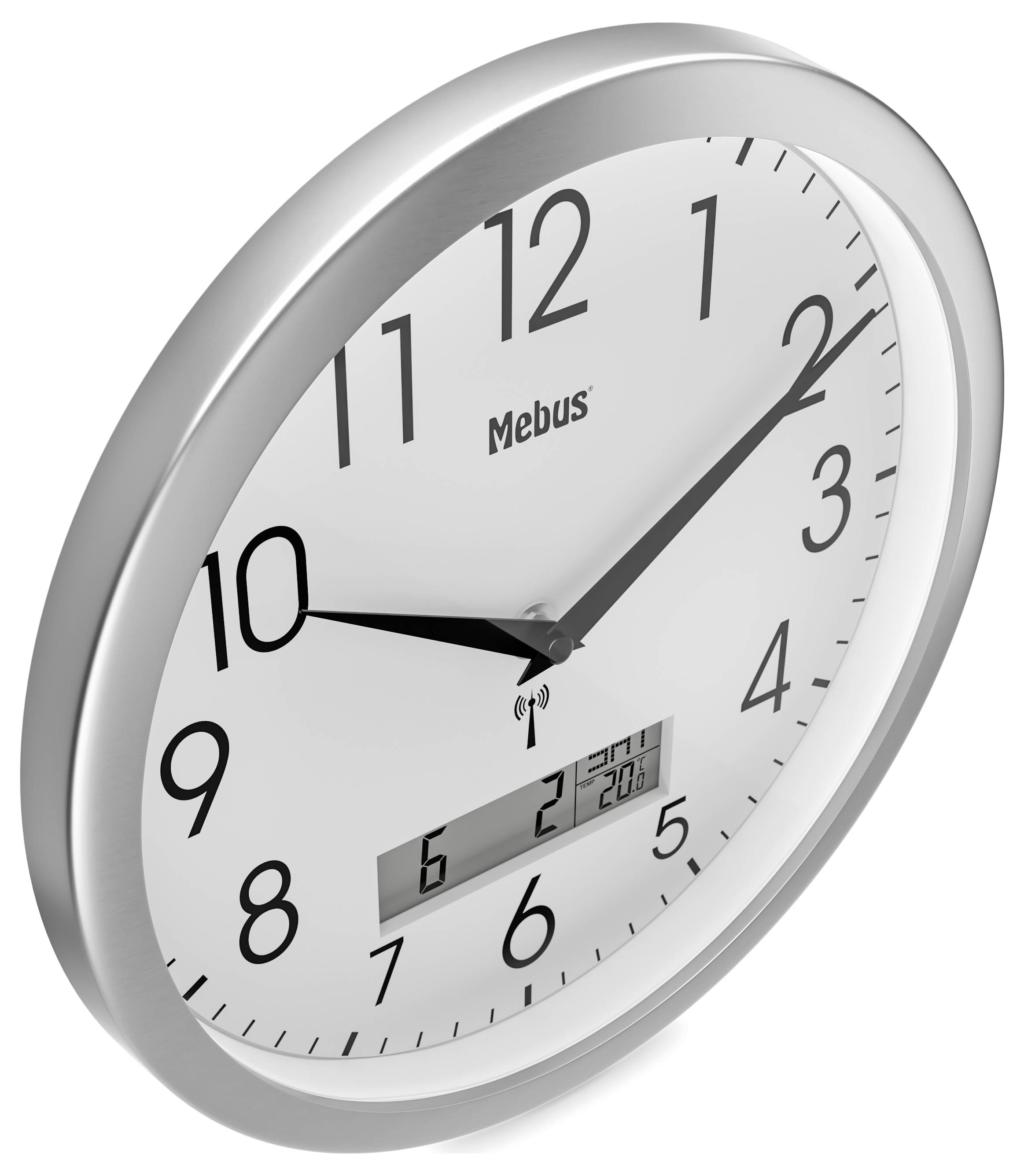 Analoge Wanduhr mit silbernem Rahmen zeigt 10:10 Uhr; digitales Display zeigt Datum '6.2.2011'.