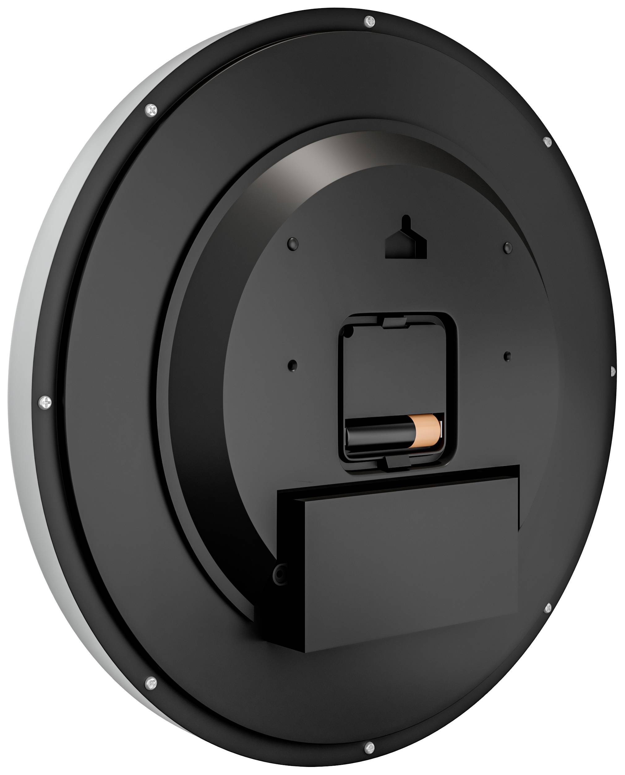 Rückseite einer runden, schwarzen Wanduhr mit geöffnetem Batteriefach, welches eine AA-Batterie enthält.
