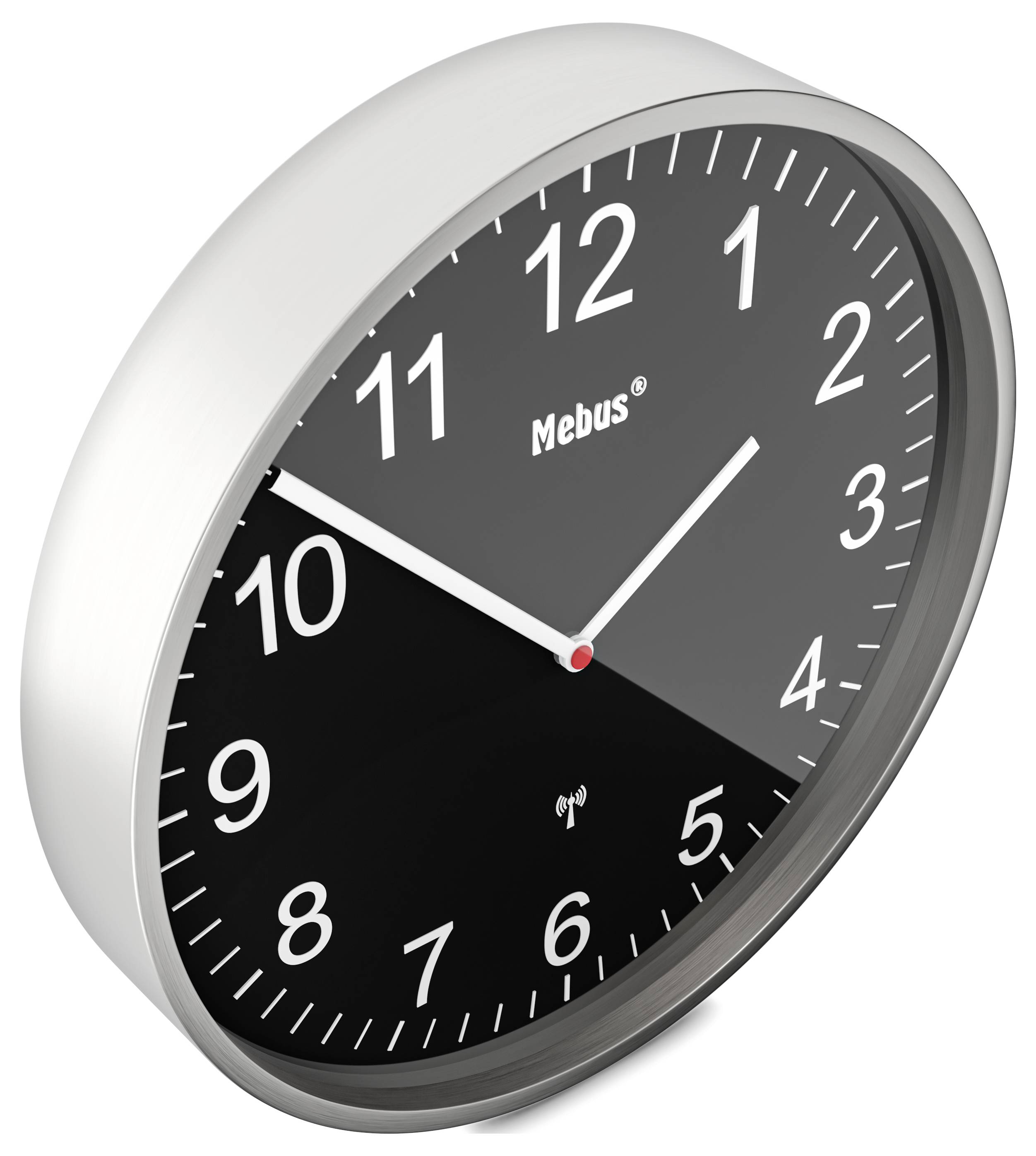 Eine runde, schwarz-weiße Wanduhr, die 10:10 anzeigt, mit dem Markennamen „Mebus