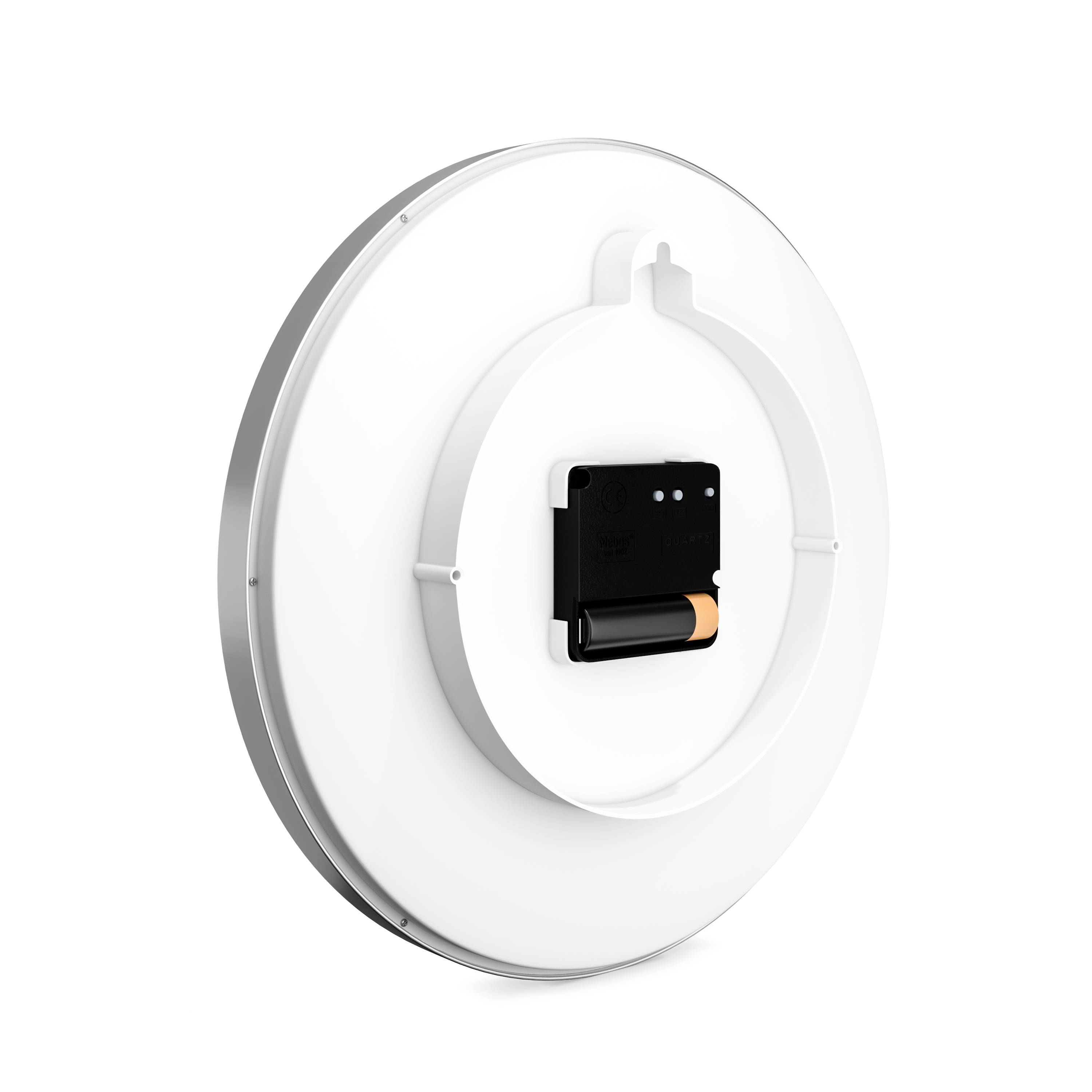 Ein rundes, weißes LED-Licht mit abnehmbarer Rückseite, Batteriefach und Sensor. Geeignet für Wand- oder Deckenmontage.