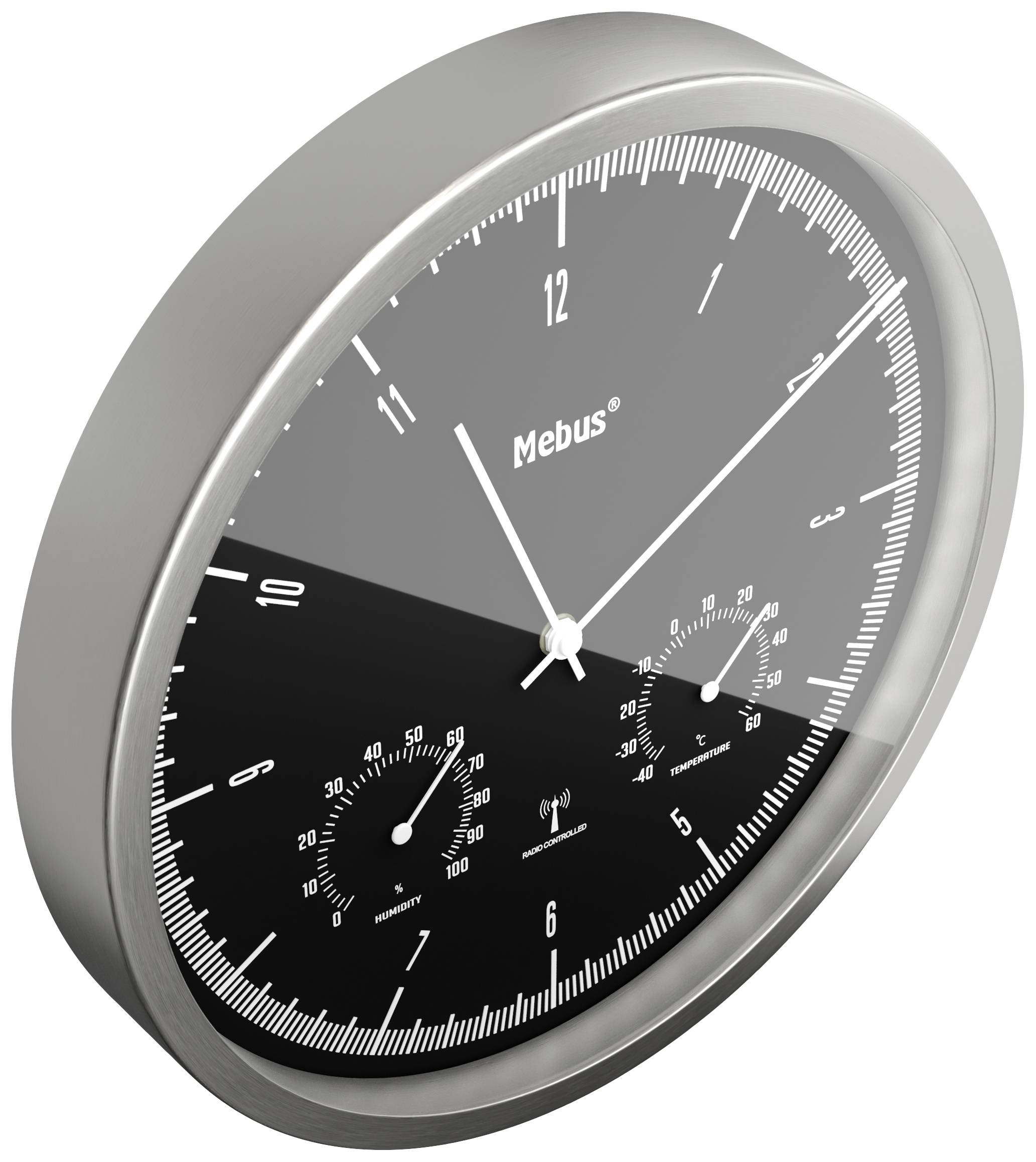 Schwarze Wanduhr mit silbernem Rand, weißen Ziffern und Zeigern, zeigt 10:08 Uhr. Zwei kleinere Zifferblätter bei 6 und 9 Uhr.
