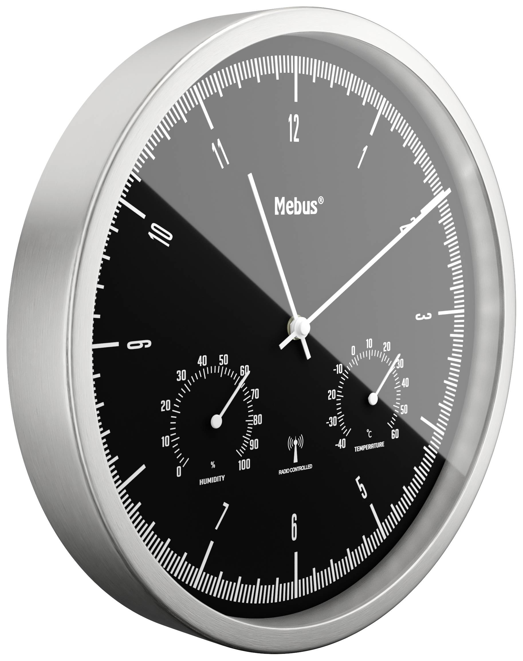 Analoge Wanduhr mit schwarzem Zifferblatt, Stunden- und Minutenzeiger, sowie zwei kleine Zifferblätter für Temperatur und Luftfeuchtigkeit.