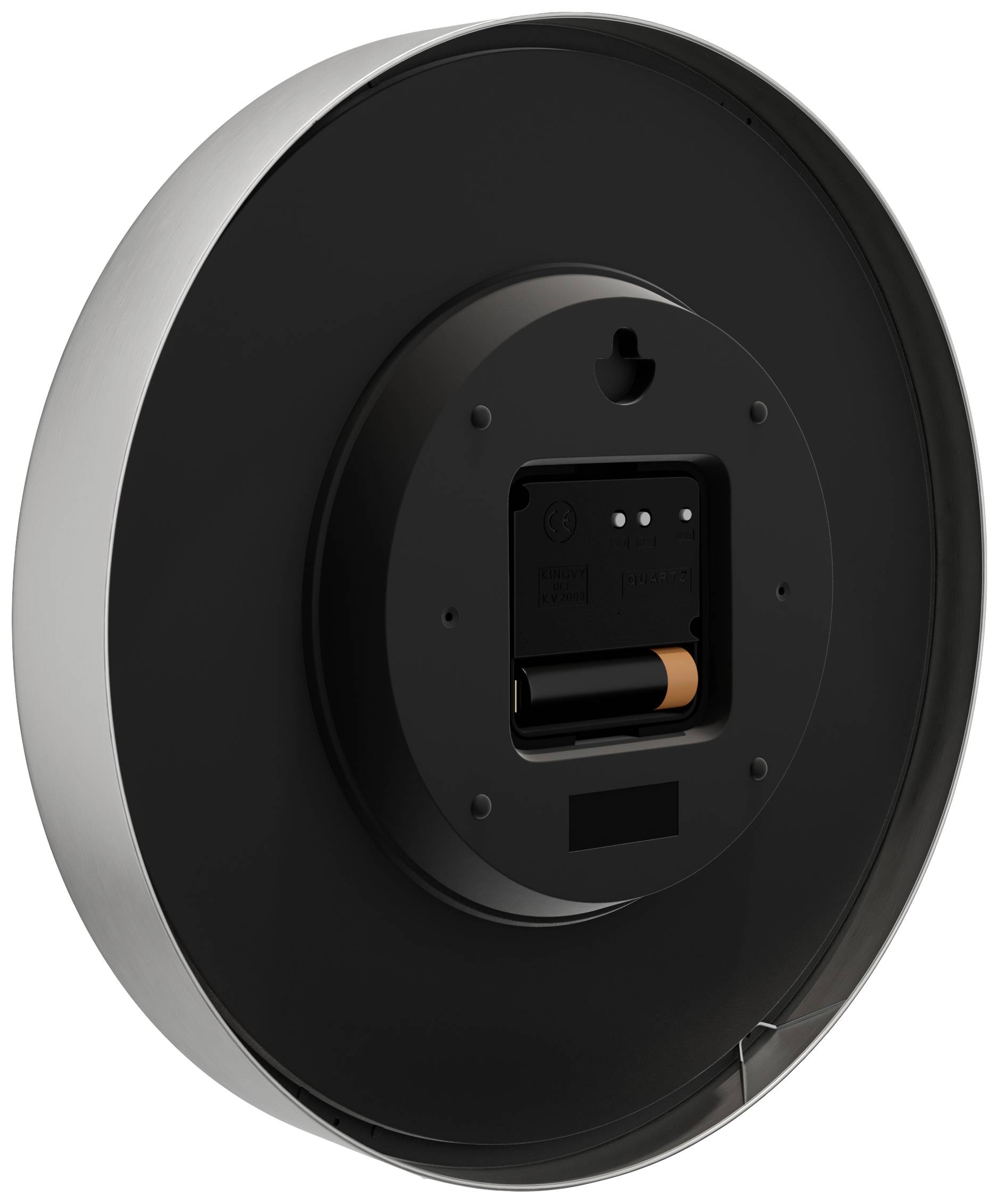 Rückseite einer runden Uhr mit Batteriefach, in dem eine einzelne AA-Batterie eingesetzt ist.
