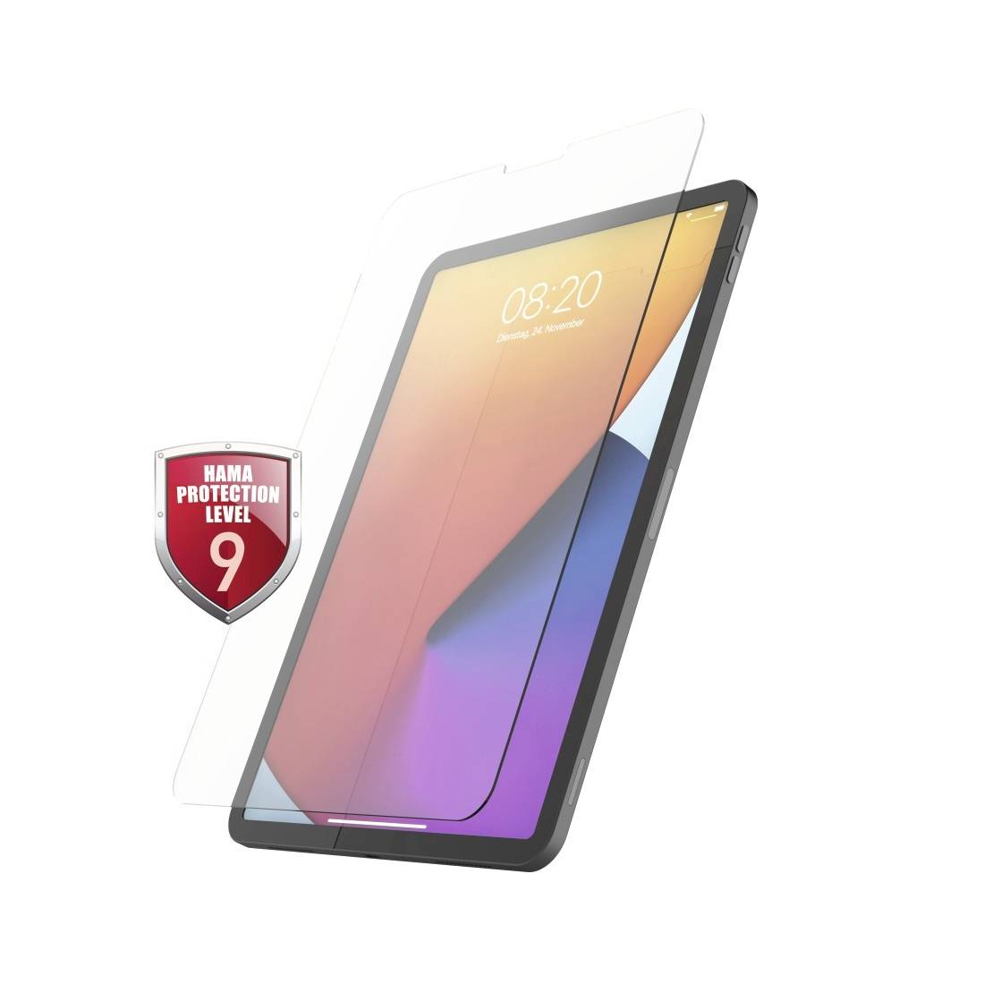 Tablet mit Displayschutzfolie und Schutzgrad 9 von Hama. Bildschirm zeigt eine farbige Benutzeroberfläche mit Uhrzeit 08:20.