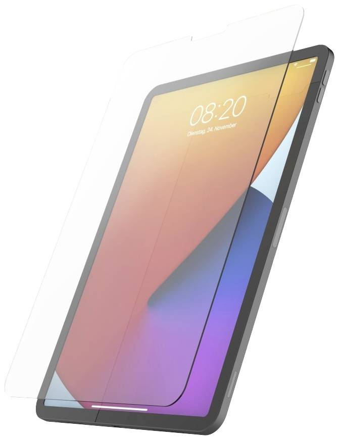 Tablet mit angenommener Displayschutzfolie, zeigt einen farbigen Bildschirm mit der Uhrzeit '08:20' und Datum 'Dienstag, 14. November'.