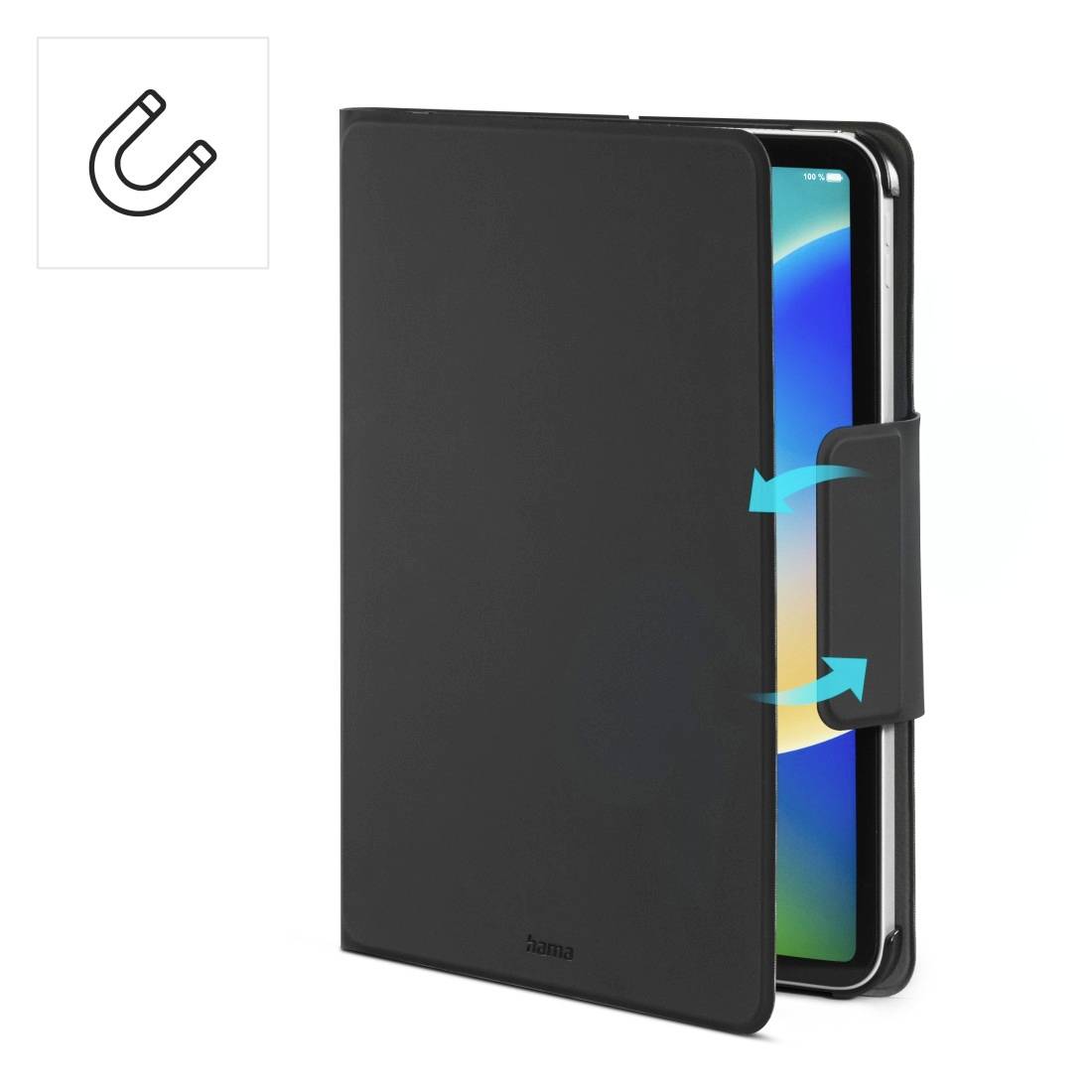 Die Abbildung zeigt ein schwarzes Tablett-Cover mit Magnetverschluss für sicheren Halt. Ein einfaches Magnet-Symbol ist daneben zu sehen.