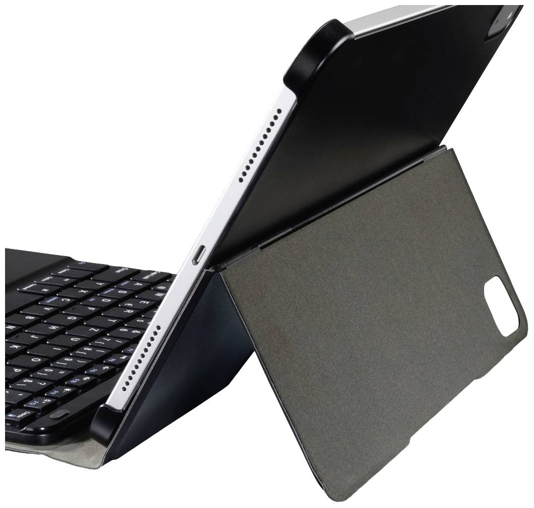 Tablet in einer schwarzen Schutzhülle, aufgestellt im Querformat, mit einer integrierten Tastatur.