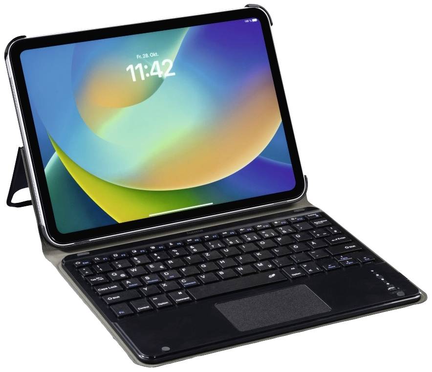 Ein Tablet mit bunter Bildschirmdarstellung steht auf einer Tastaturhülle, die als Ständer dient. Uhrzeit auf dem Display: 11:42.