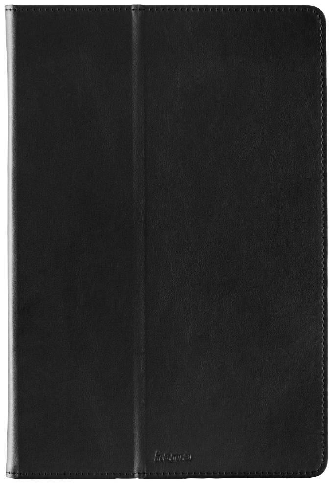 Schwarze Hülle für ein Tablet. Geschlossen, zeigt eine glatte, lederartige Oberfläche.