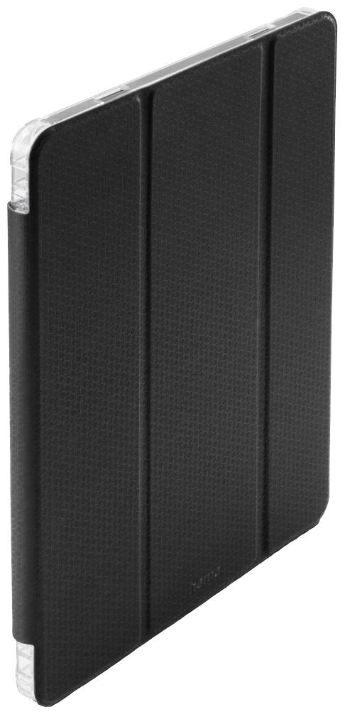 Schwarze Tablet-Schutzhülle in aufrechter Position, mit texturierter Oberfläche und transparenten Kanten.