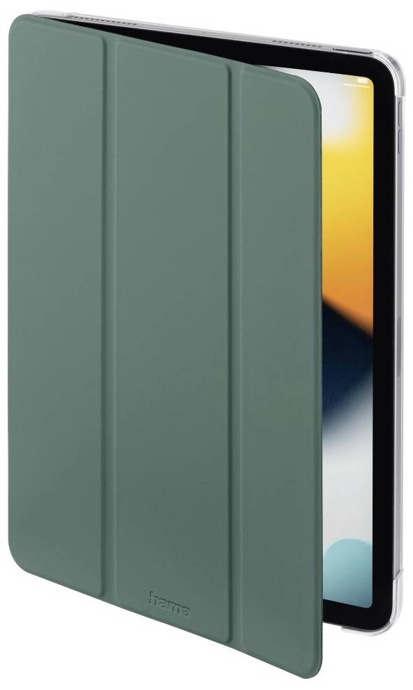 Ein Tablet mit einer grünen Hülle, das teilweise geschlossen ist und ein Display mit einem Farbverlauf von Gelb zu Blau zeigt.