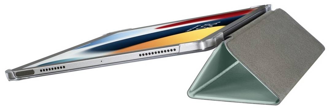 Ein Tablet in einem grünen, dreieckigen Ständer, das auf der Vorderseite ein buntes Display zeigt.