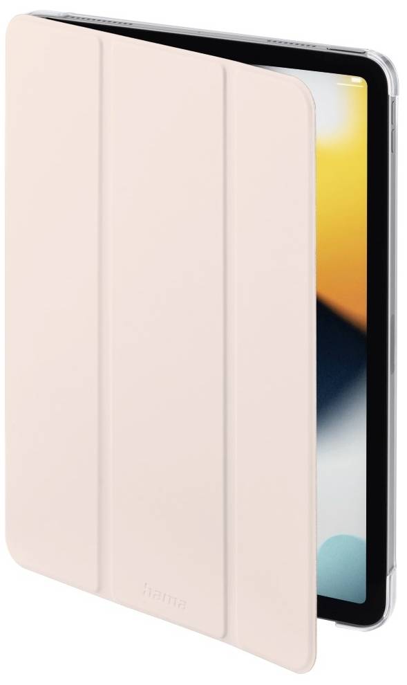 Rosa Tablet-Hülle im dreieckigen Modus, zeigt die obere rechte Ecke eines Tablets mit einem unscharfen Bildschirmhintergrund.