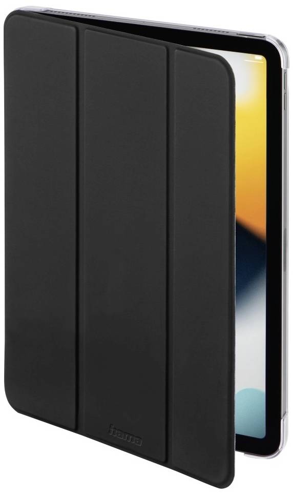 Schutzhülle für ein Tablet, schwarz, dreigliedriges Design. Geöffnet, zeigt ein Teil des Tablet-Bildschirms bunte Grafiken.