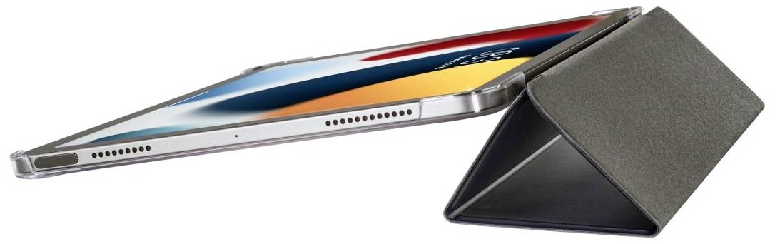Ein Tablet in einer Schutzhülle steht seitlich auf einem Tisch. Die Hülle formt einen Ständer, der das Tablet aufrecht hält.