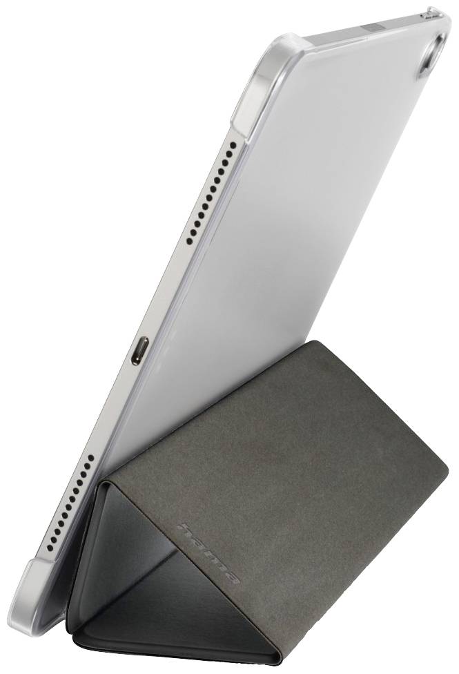Tablet in silberner Hülle steht auf einem schwarzen Ständer, seitliche Lautsprecher und USB-C-Anschluss sichtbar.