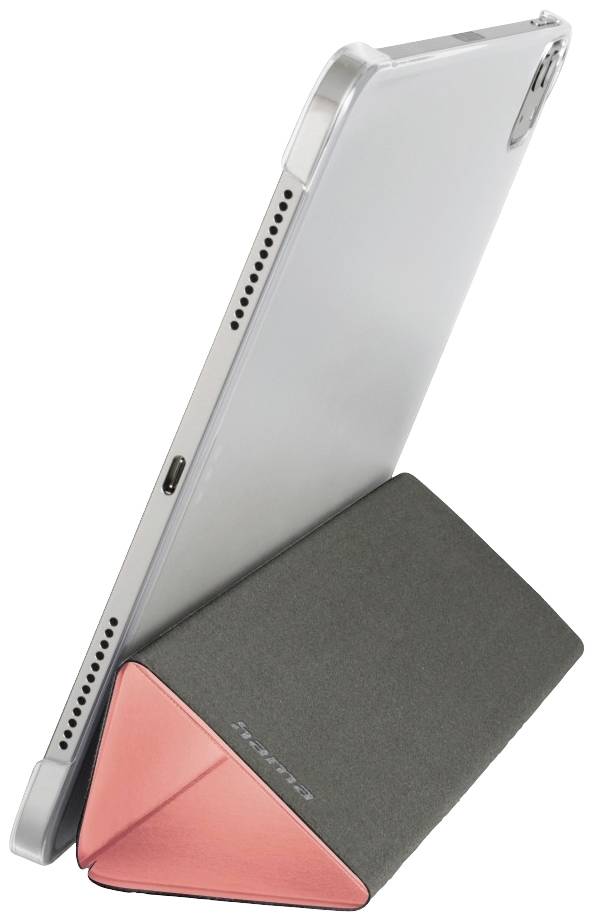 Ein Tablet steht in einem gefalteten Ständer, der es aufrecht hält. Der Ständer ist dreieckig gefaltet und hat eine rote Innenseite.