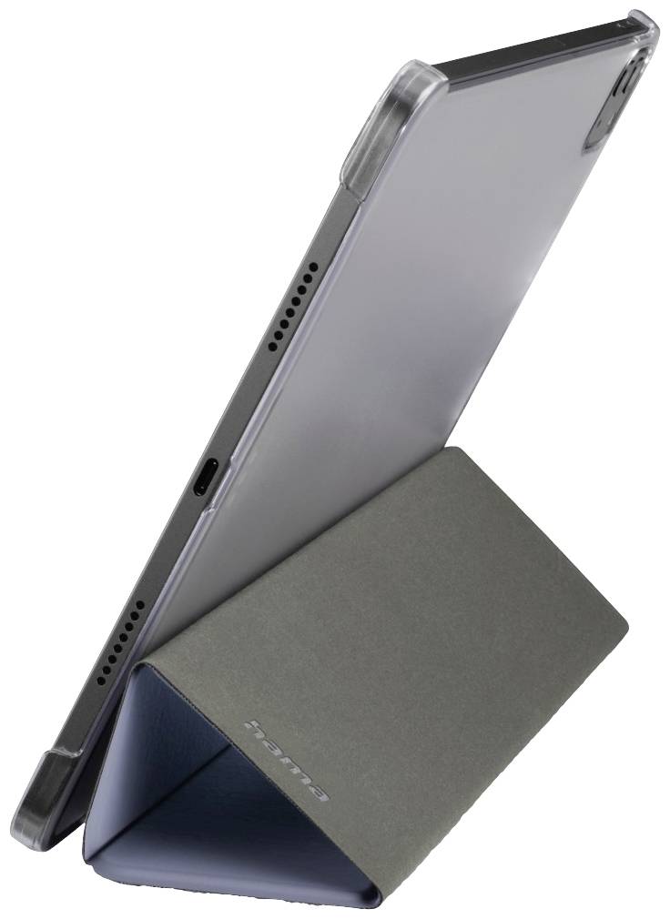 Tablet in einer Hülle, aufrecht im Anzeigemodus. Die Hülle ist dreieckig gefaltet und stützt das Gerät stabil in einem leichten Winkel.