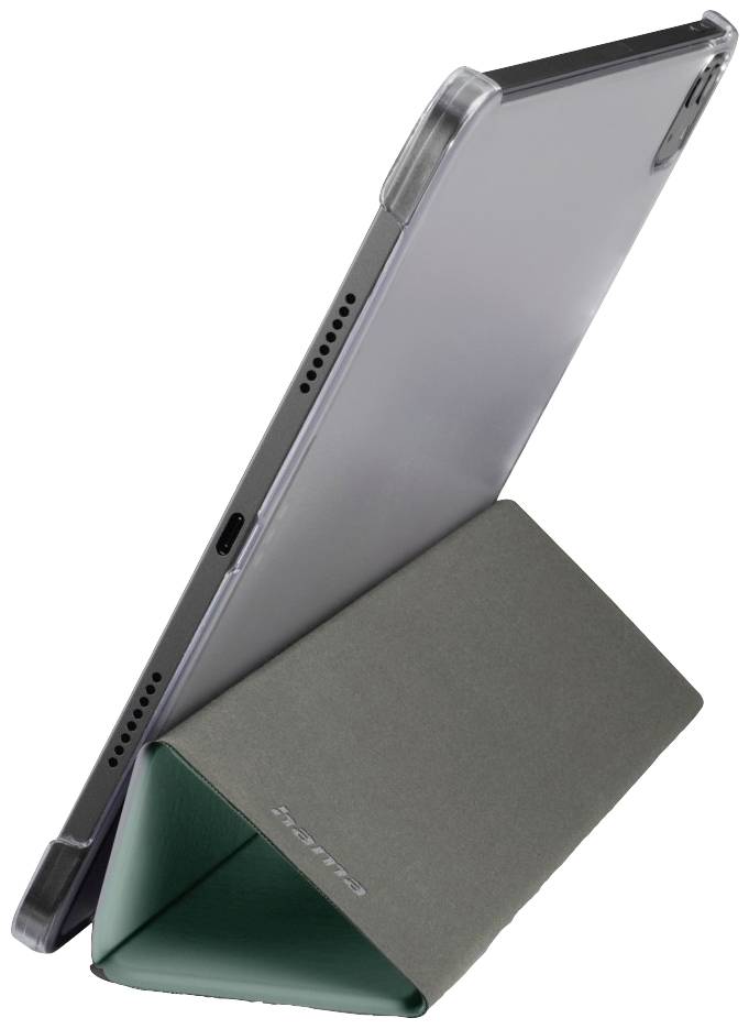 Ein Tablet steht in einer schrägen Position, gestützt durch einen faltbaren Buchstaben-C-Halter in Grau, mit einer transparenten Hülle.