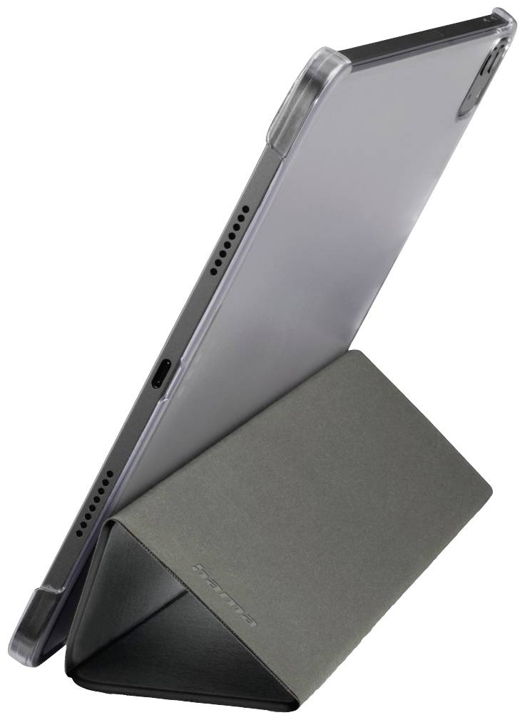 Ein Tablet in einem aufklappbaren, grauen Etui steht im Hochformat.