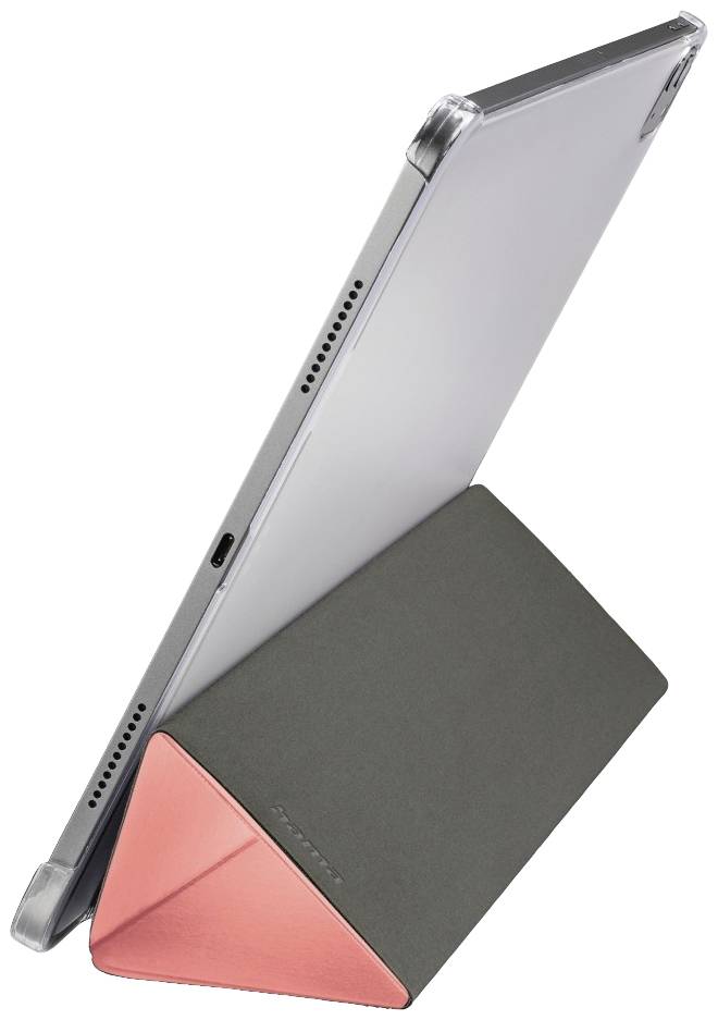 Tablet mit grauem und rotem Faltständer in Seitenansicht. Der Ständer hält das Tablet in aufrechter Position.