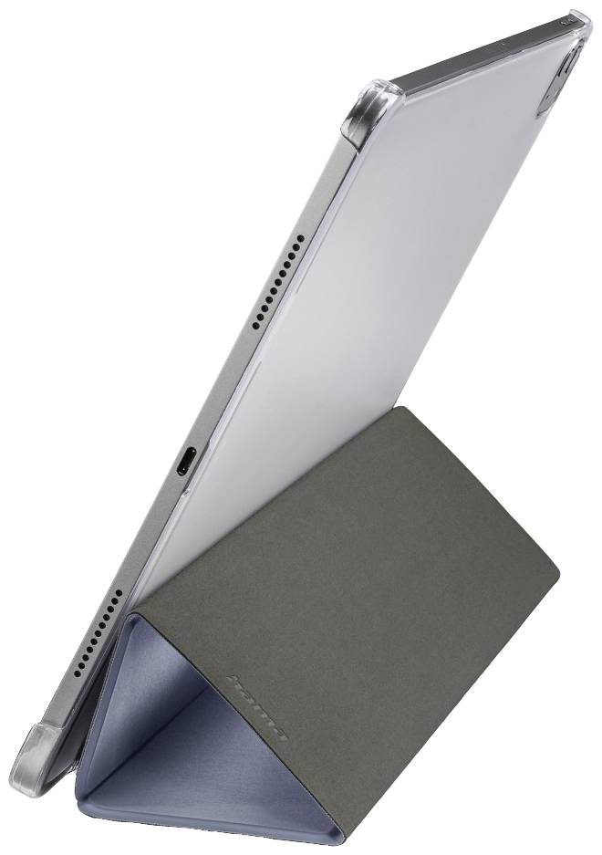 Ein Tablet in einem aufklappbaren Ständer, das schräg auf eine graue Unterlage gestellt ist, mit seitlichen Anschlüssen sichtbar.