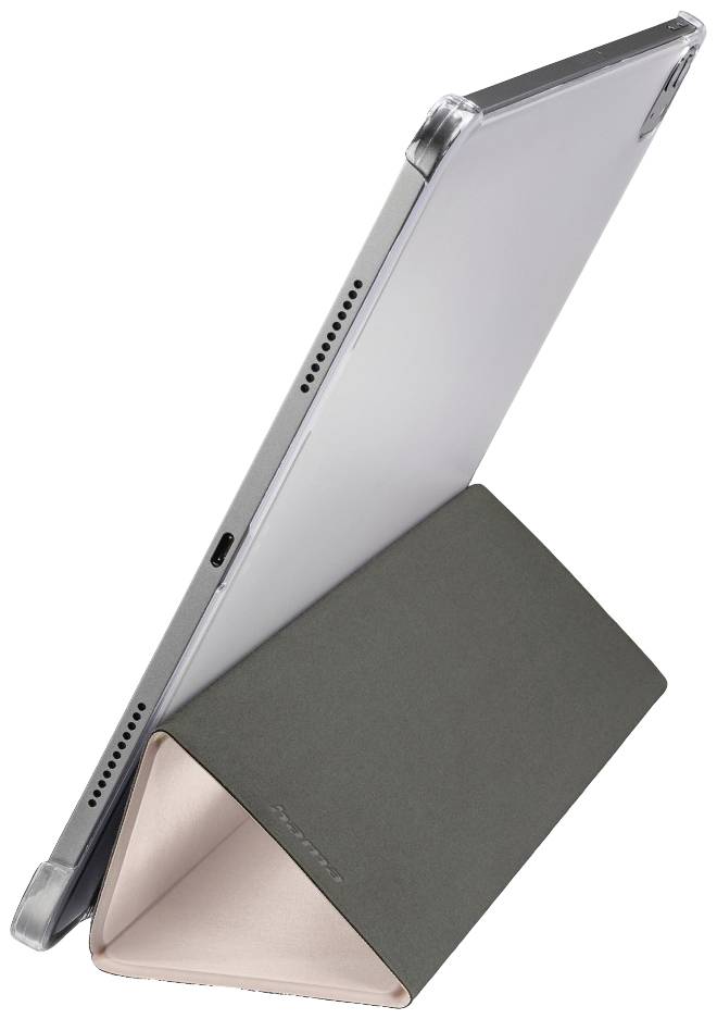 Ein Tablet steht im Hochformat auf einem dreieckig gefalteten Smart Cover in Dunkelgrau und Rosa.