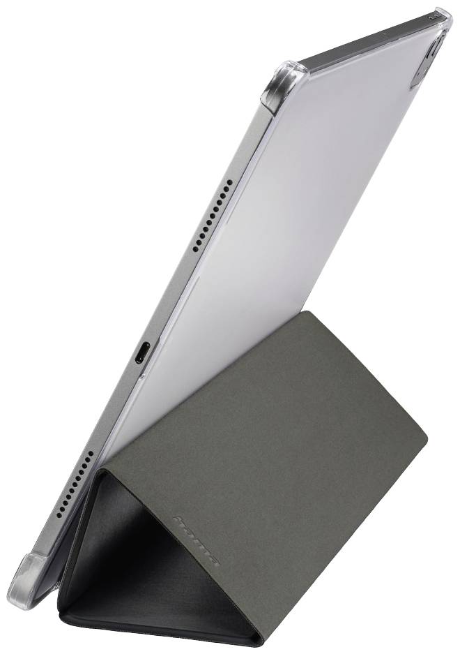 Ein Tablet steht schräg in einem faltbaren, dreieckigen Ständer. Der Ständer bietet Stabilität für die seitliche Ansicht des Tablets.