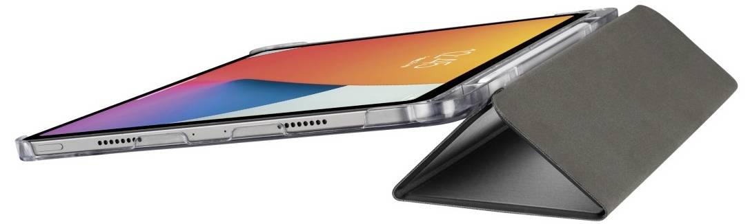 Ein Tablet mit farbigem Bildschirm ist in einem transparenten Gehäuse und einer schwarzen Klapphülle, die als Ständer dient, abgebildet.