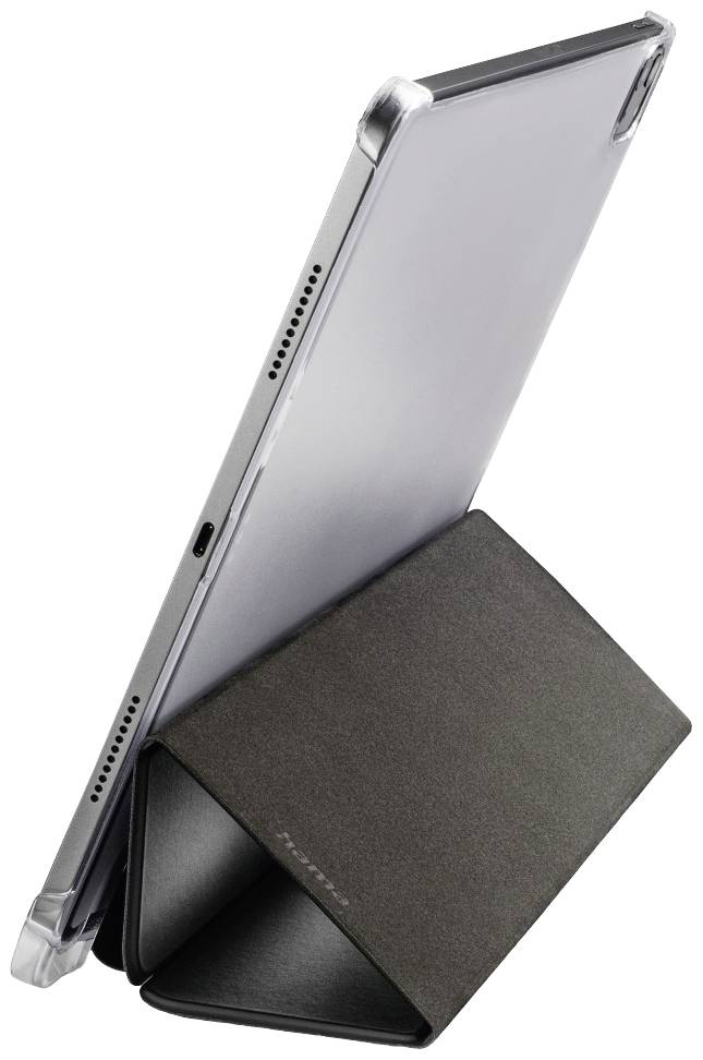 Ein Tablet in einer Schutzhülle, die als Ständer dient. Die Hülle ist schwarz und gibt dem Tablet eine aufrechte Position.
