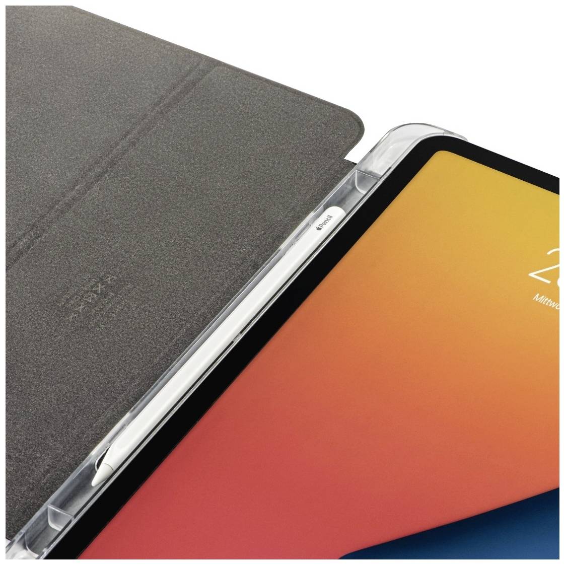 Ein Tablet mit einer Hülle, ein Stylus liegt an der Kante. Der Bildschirm zeigt ein farbenfrohes Hintergrundbild.