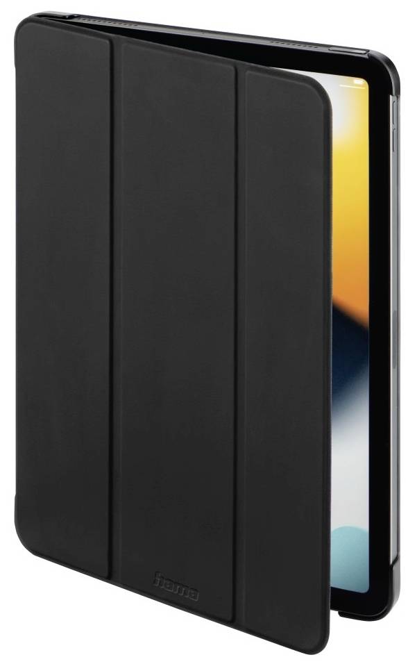 Ein schwarzes Tablet-Case, nahezu geschlossen, lässt ein kleines Stück des farbigen Bildschirms sichtbar.