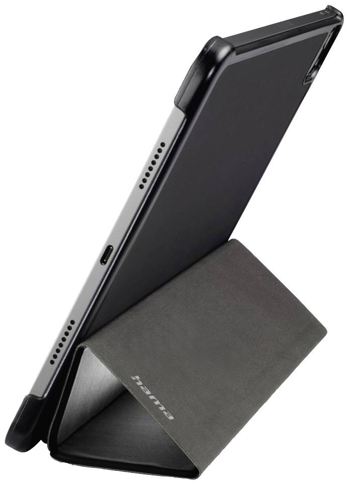 Tablet in seitlicher Ansicht mit schwarzem Cover, das als Standfuß fungiert, Markenname 'Tsante' sichtbar.