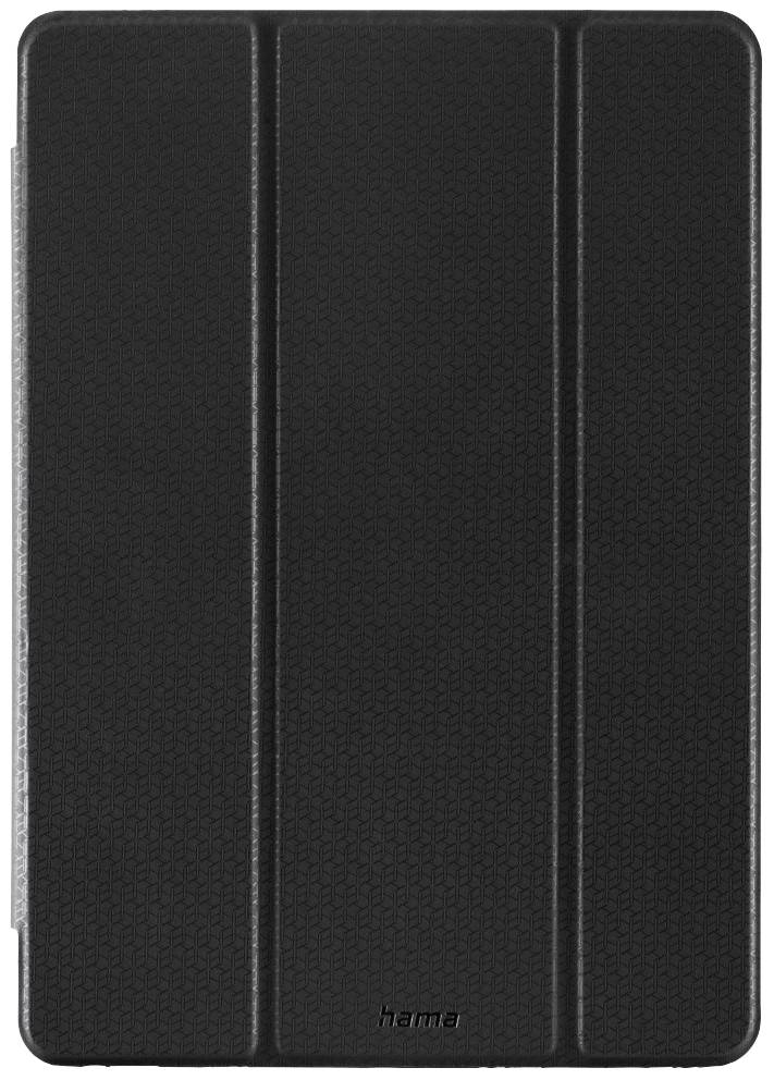 Eine schwarze Tablethülle mit einem minimalistischen Design, dreifach gefaltet, bietet Schutz und Funktionalität.