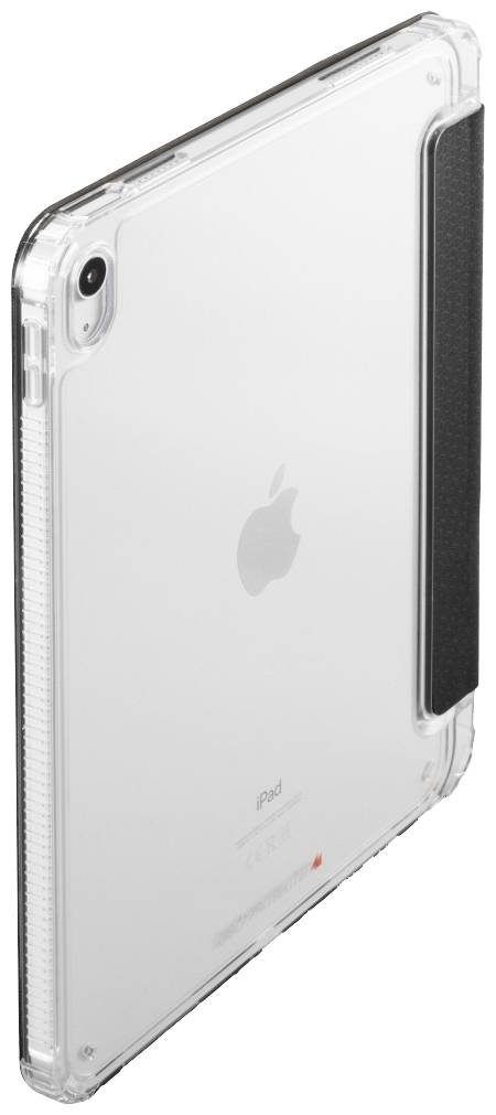 Durchsichtiges iPad-Case mit schwarzer Griffleiste auf der rechten Seite, zeigt Logo und Kameraöffnung.